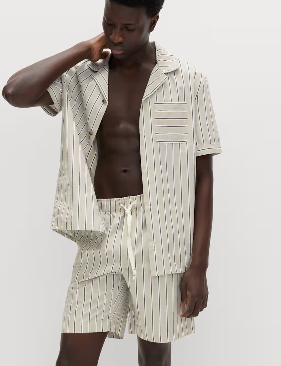 Marks & Spencer M&S Pure Cotton Striped Pyjama Top Neutral