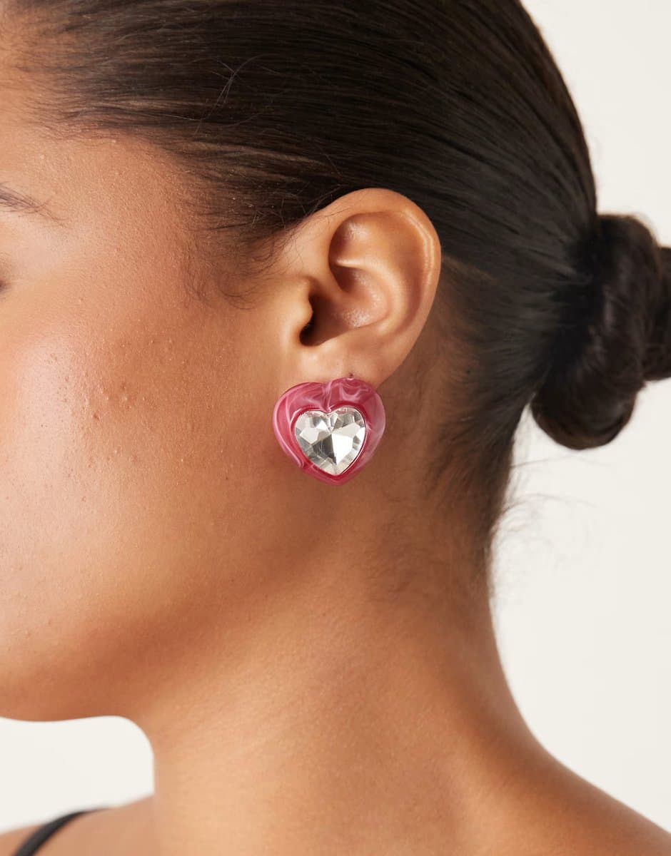 ASOS ASOS DESIGN heart stone set earrings with faux sparkly crystal in pink tone