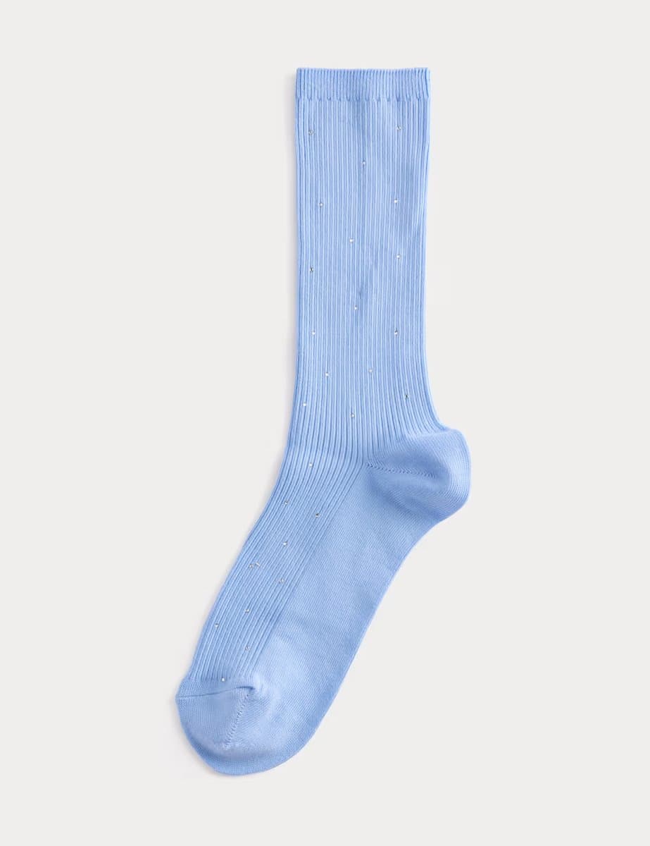 Marks & Spencer M&S Cotton Rich Embellished Ribbed Crew Socks Blue
