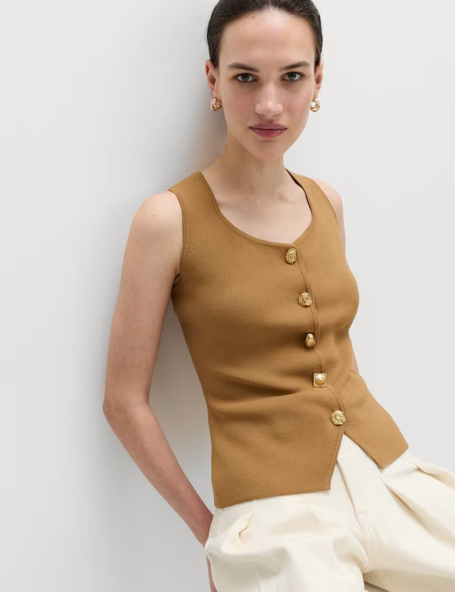 Marks & Spencer M&S Button Front Slim Fit Knitted Waistcoat Dark Sand