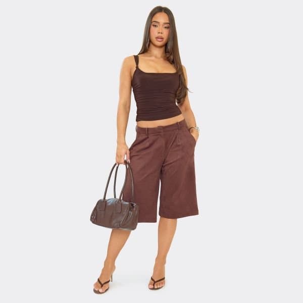EGO Mid Rise Tailored Jorts In Chocolate Brown Faux Suede, Women's Size UK 6