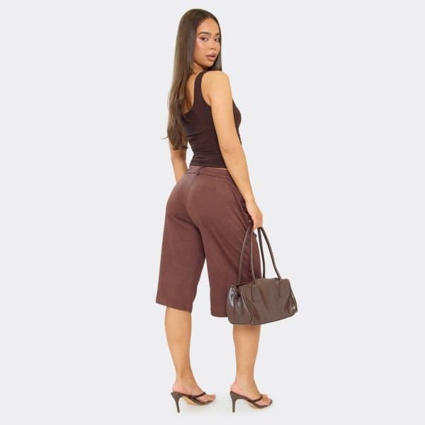 EGO Mid Rise Tailored Jorts In Chocolate Brown Faux Suede, Women's Size UK 6 - 2