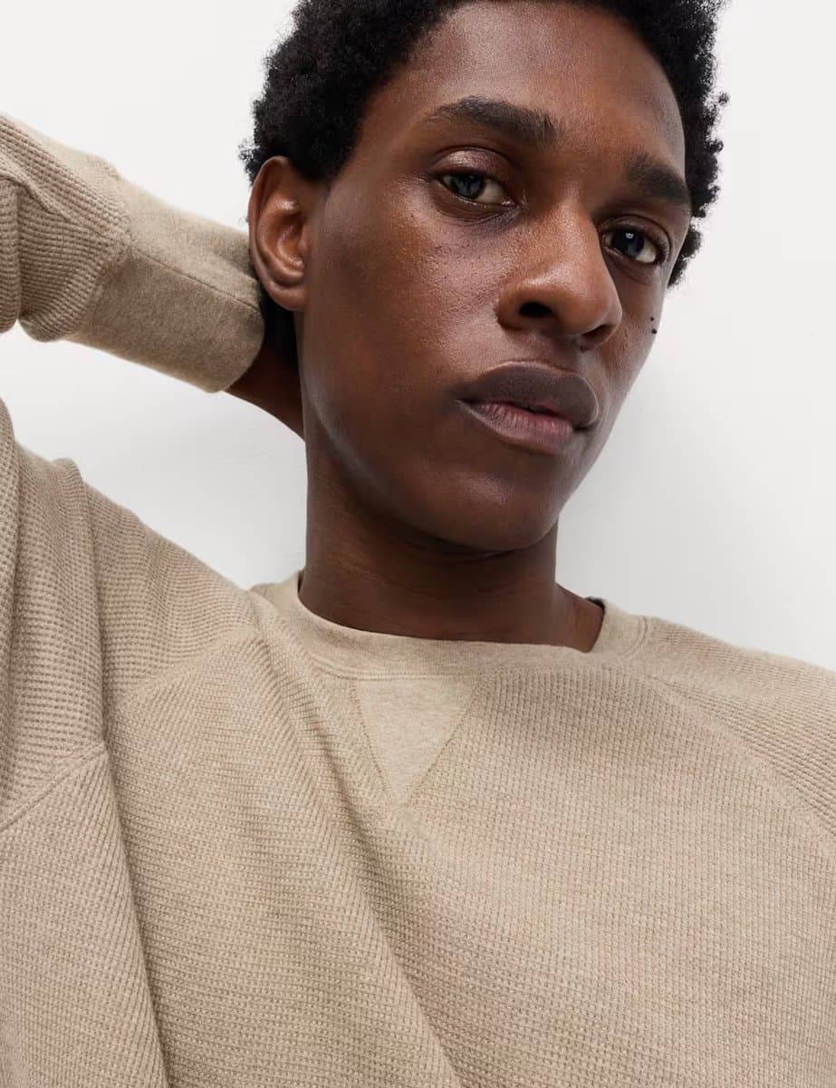 Marks & Spencer M&S Pure Cotton Waffle Loungewear Sweatshirt Putty Mix - 2