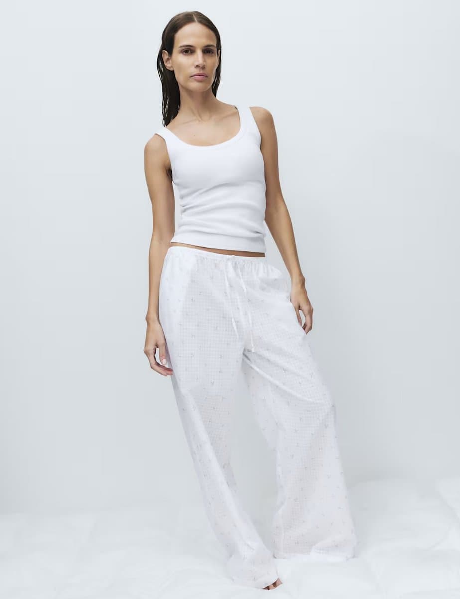 Marks & Spencer M&S Pure Cotton Floral Check Pyjama Bottoms White Mix