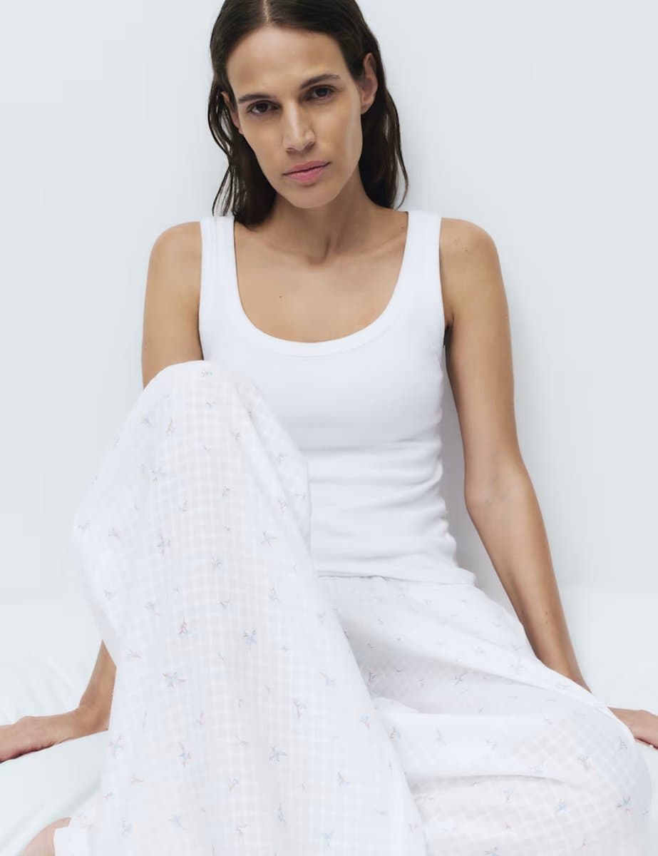 Marks & Spencer M&S Pure Cotton Floral Check Pyjama Bottoms White Mix - 3