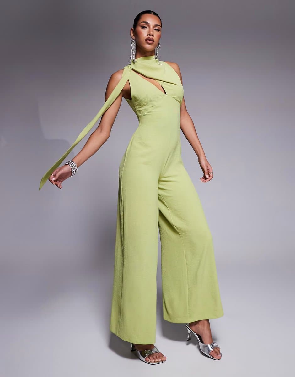 ASOS ASOS DESIGN cowl draped neck wide leg jumpsuit with tie detail in green - 2