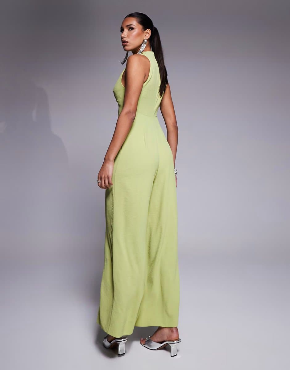 ASOS ASOS DESIGN cowl draped neck wide leg jumpsuit with tie detail in green - 3