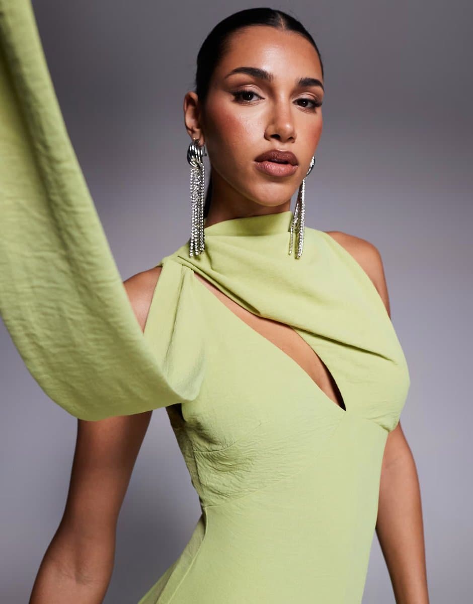 ASOS ASOS DESIGN cowl draped neck wide leg jumpsuit with tie detail in green - 5