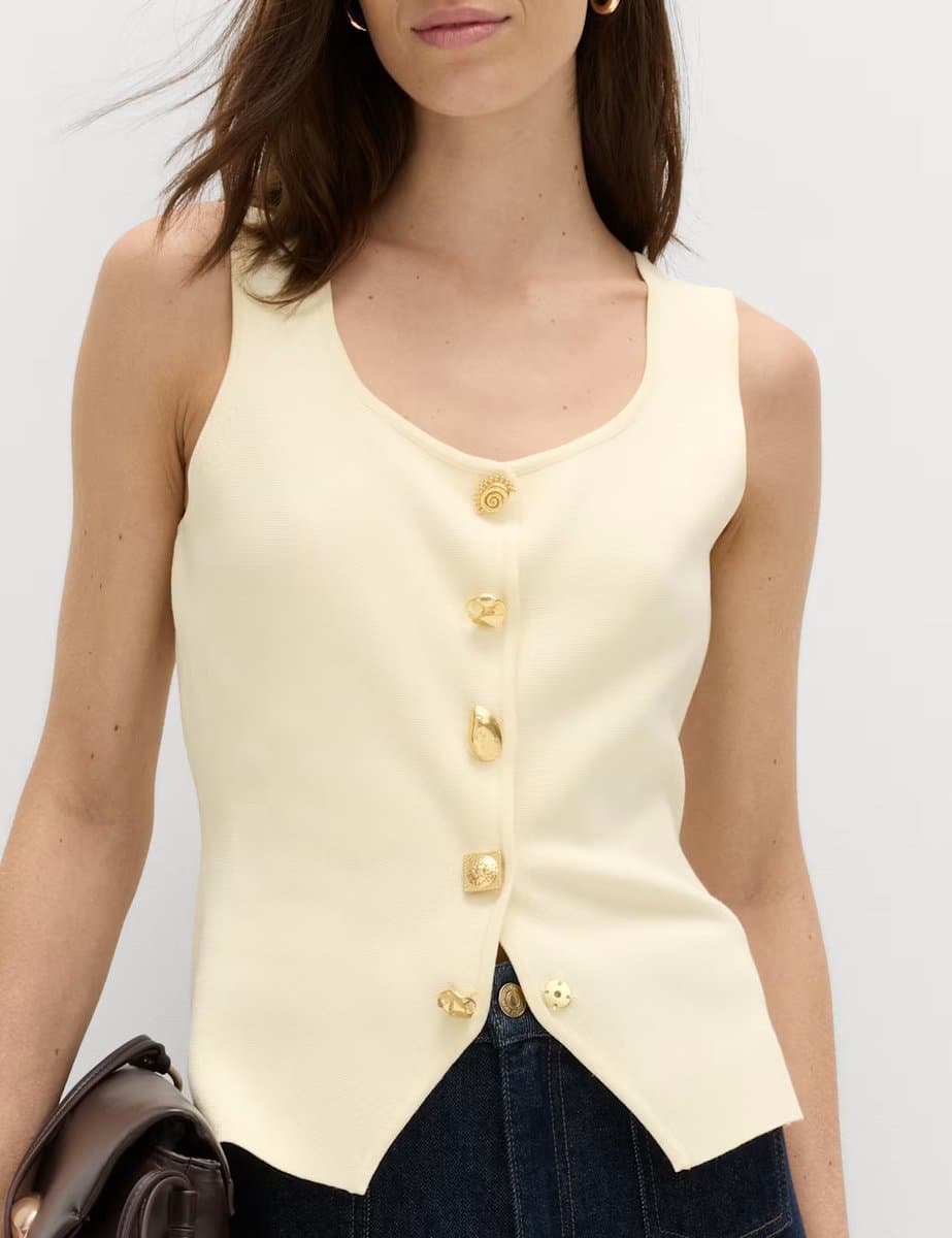 Marks & Spencer M&S Button Front Slim Fit Knitted Waistcoat Buttermilk - 4