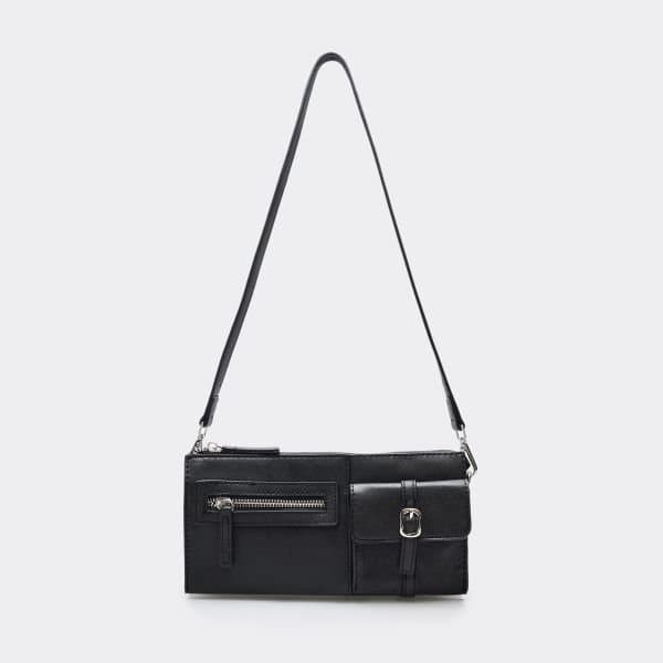 EGO Allegra Zip Pocket Detail Rectangle Shaped Shoulder Bag In Black Faux Leather, Women's Size UK One Size