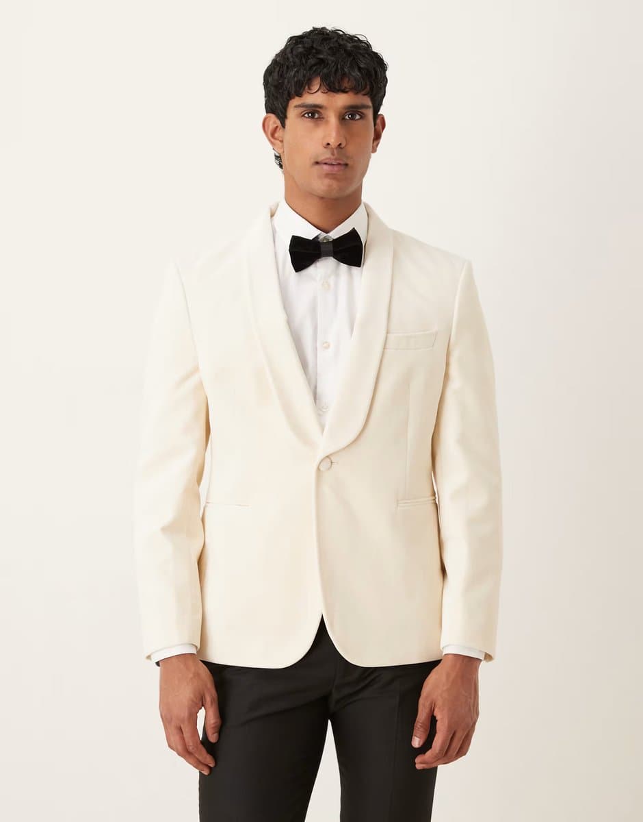 ASOS ASOS DESIGN slim suit tuxedo blazer in cream cotton velvet