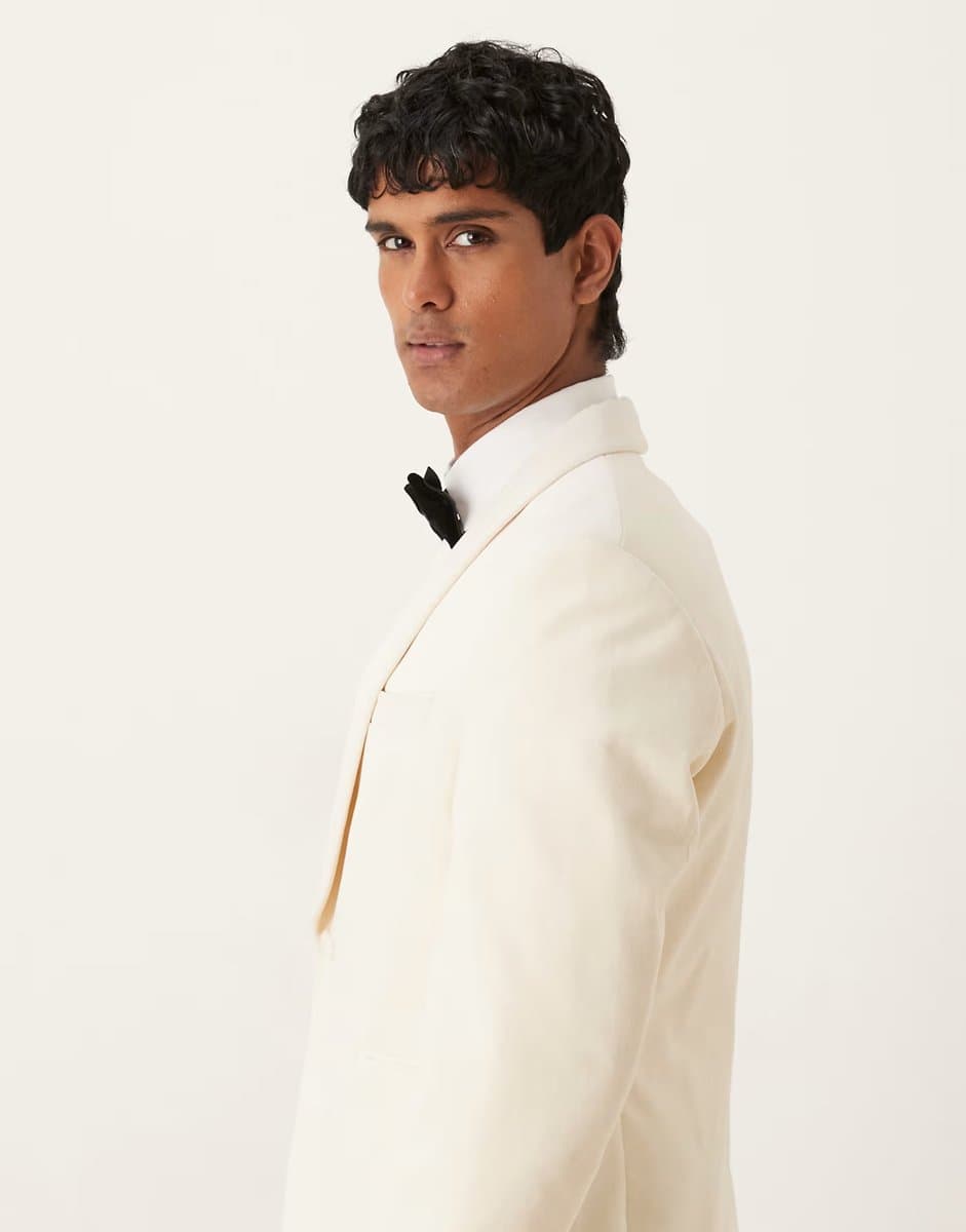 ASOS ASOS DESIGN slim suit tuxedo blazer in cream cotton velvet - 4