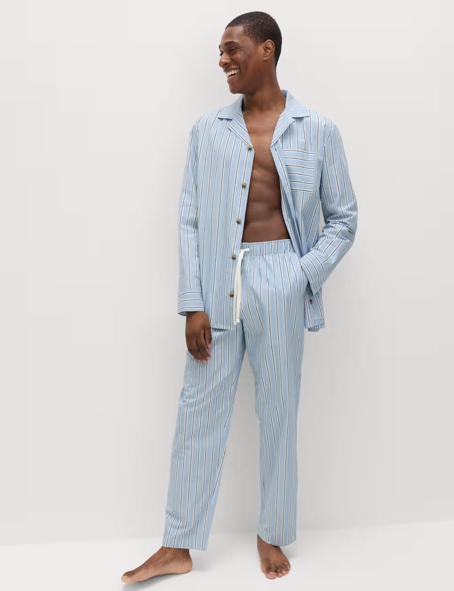 Marks & Spencer M&S Pure Cotton Striped Loungewear Bottoms Blue Mix - 2