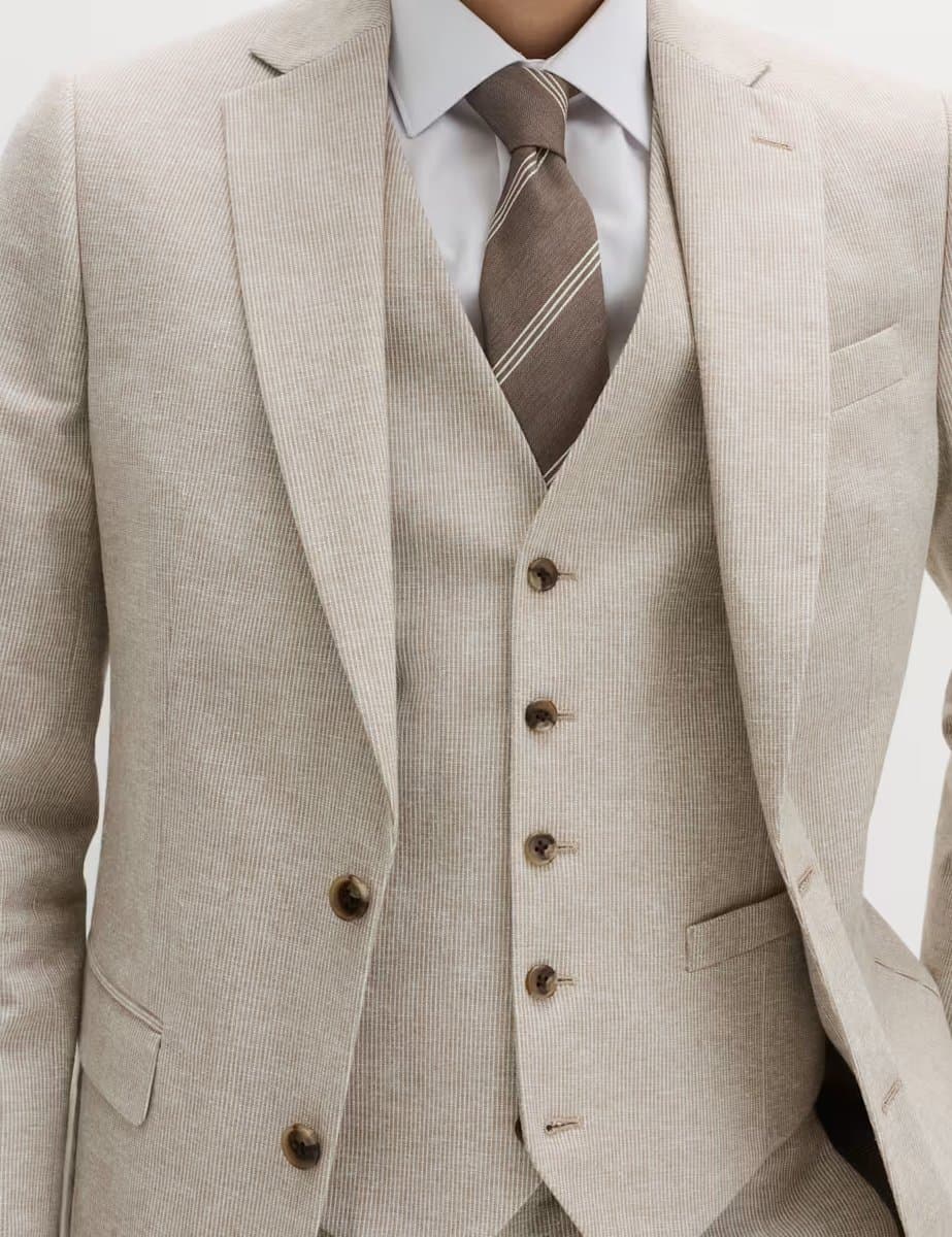 Marks & Spencer M&S Cotton Linen Blend Striped Waistcoat Neutral