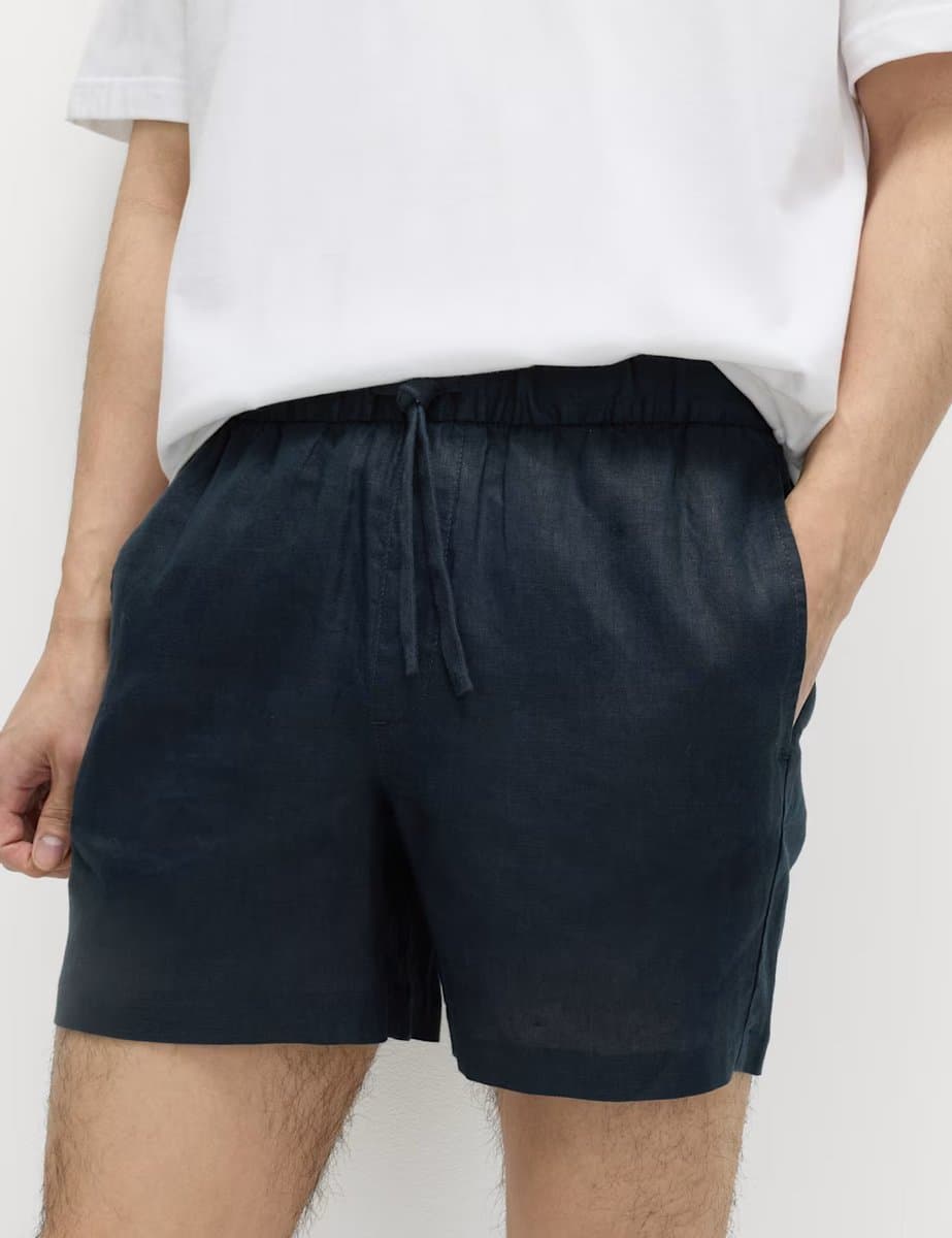 Marks & Spencer M&S Pure Linen Elasticated Waist Shorts Navy - 2