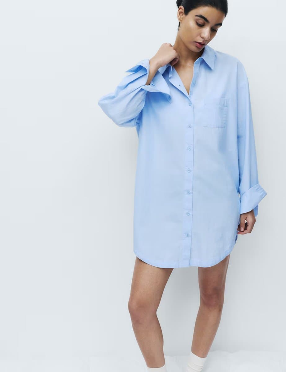 Marks & Spencer M&S Pure Cotton Chambray Collared Nightshirt Blue - 4