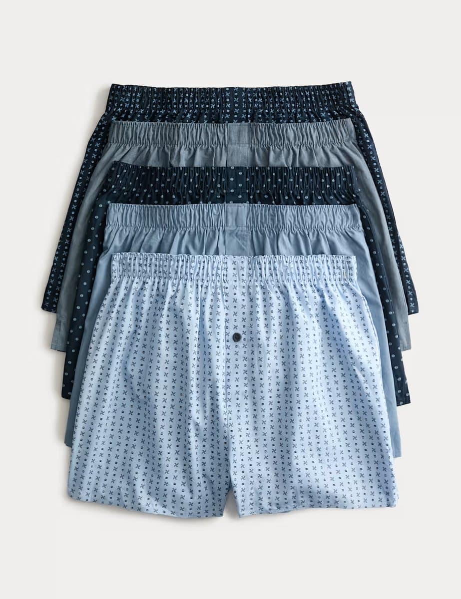 Marks & Spencer M&S 5 Pack Pure Cotton Geometric Woven Boxers Blue Mix