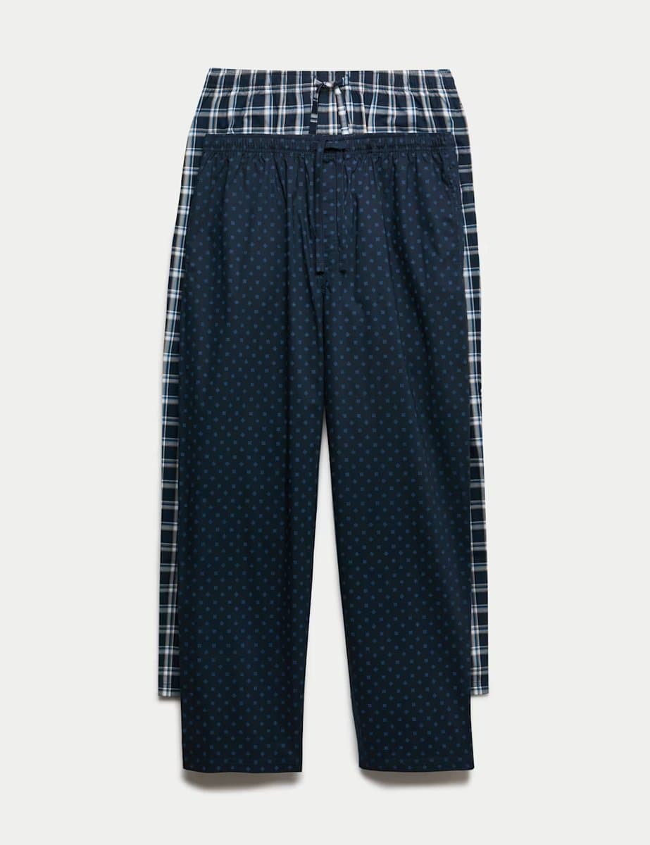 Marks & Spencer M&S 2 Pack Pure Cotton Checked Pyjama Bottoms Navy Mix