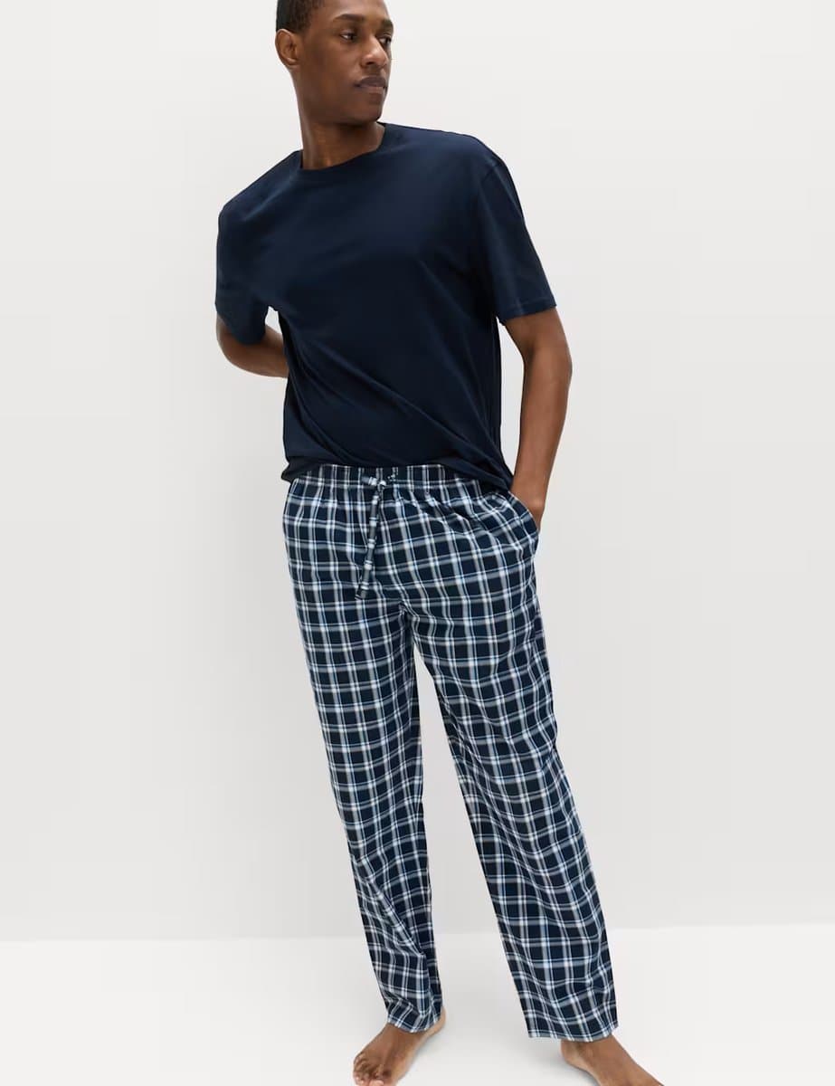 Marks & Spencer M&S 2 Pack Pure Cotton Checked Pyjama Bottoms Navy Mix - 2