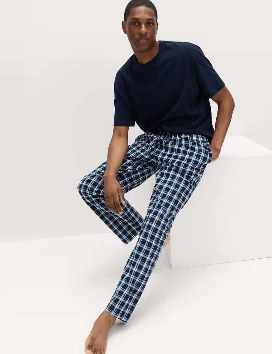 Marks & Spencer M&S 2 Pack Pure Cotton Checked Pyjama Bottoms Navy Mix - 4