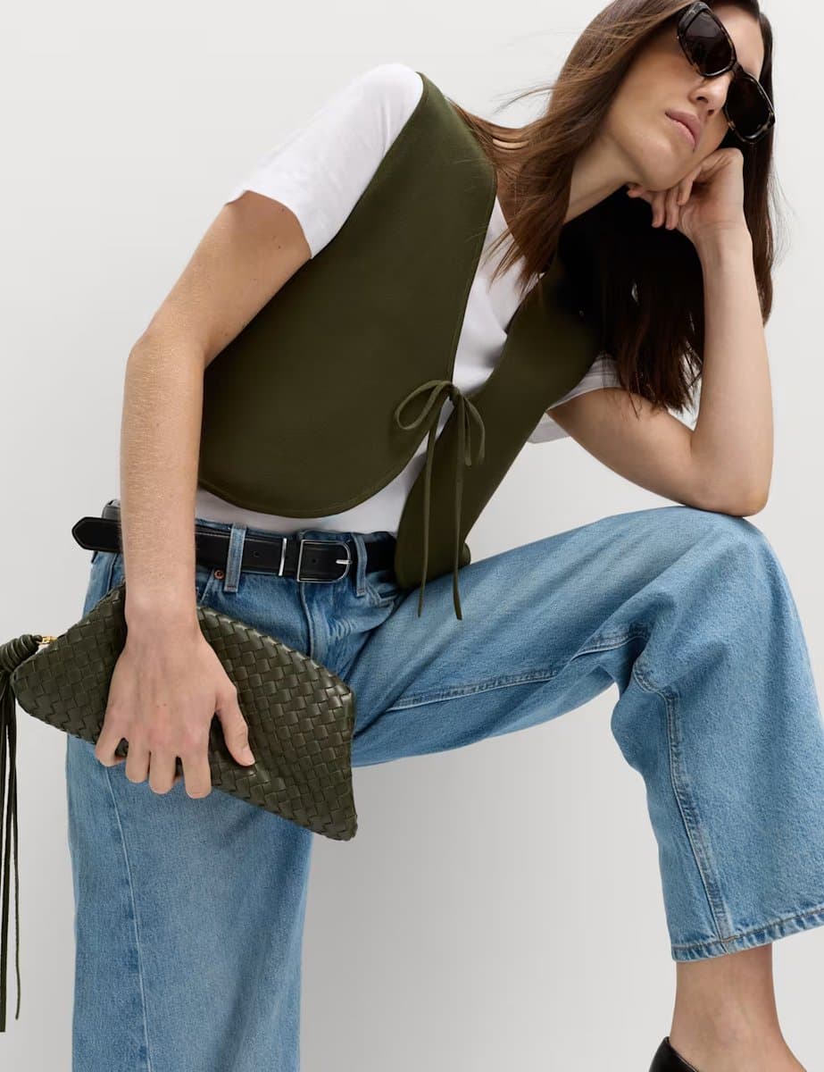 Marks & Spencer M&S Tie Front Slim Fit Cropped Knitted Waistcoat Dark Khaki