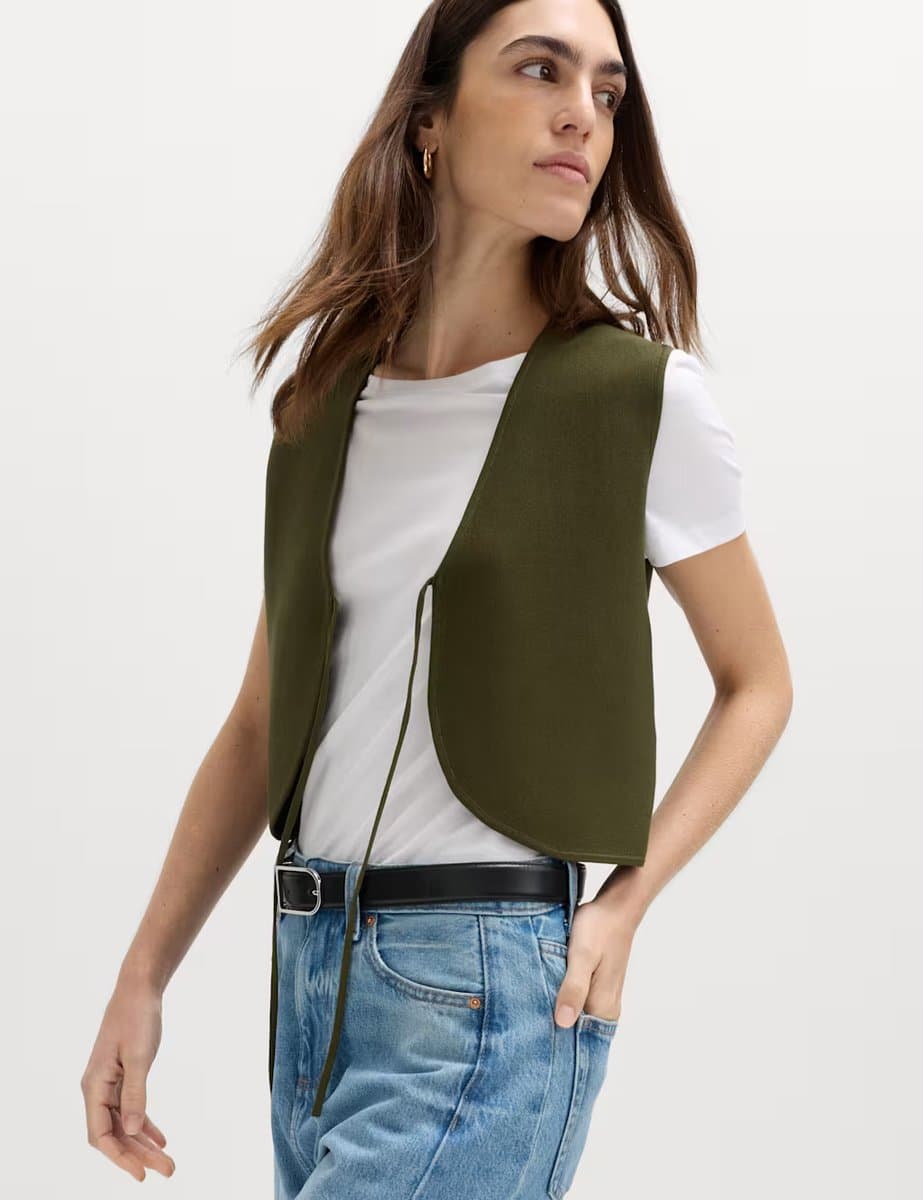 Marks & Spencer M&S Tie Front Slim Fit Cropped Knitted Waistcoat Dark Khaki - 2