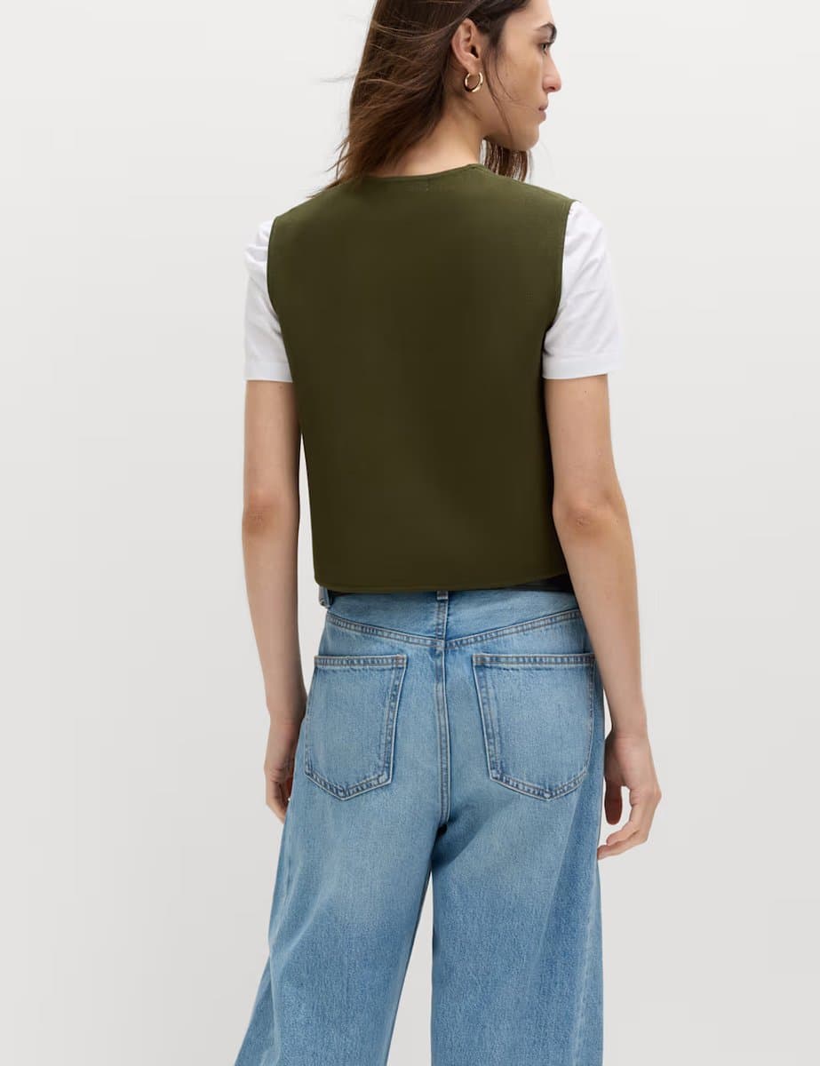 Marks & Spencer M&S Tie Front Slim Fit Cropped Knitted Waistcoat Dark Khaki - 4