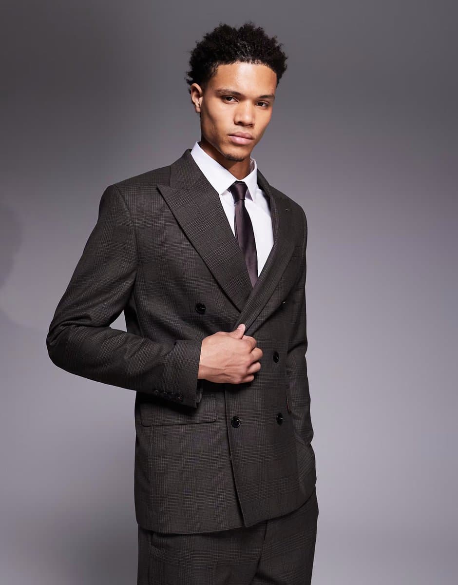 ASOS River Island double breasted slim suit in brown check