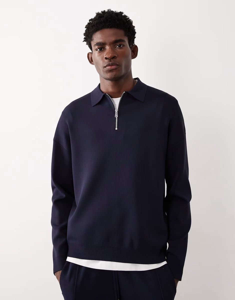 ASOS ASOS COLLECTIVE relaxed compact knit half zip polo co-ord in navy