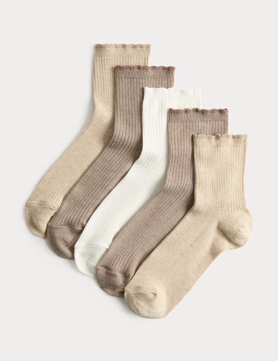 Marks & Spencer M&S 5 Pack Supersoft Ribbed Quarter Socks Natural Mix
