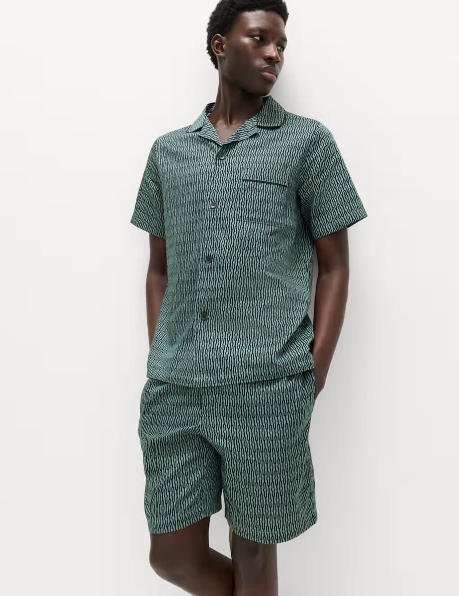 Marks & Spencer M&S Pure Cotton Geometric Print Pyjama Set Teal Mix