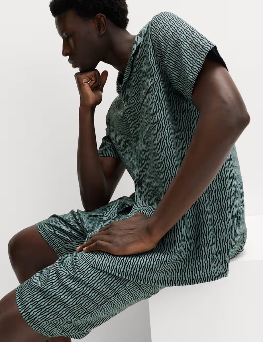 Marks & Spencer M&S Pure Cotton Geometric Print Pyjama Set Teal Mix - 5