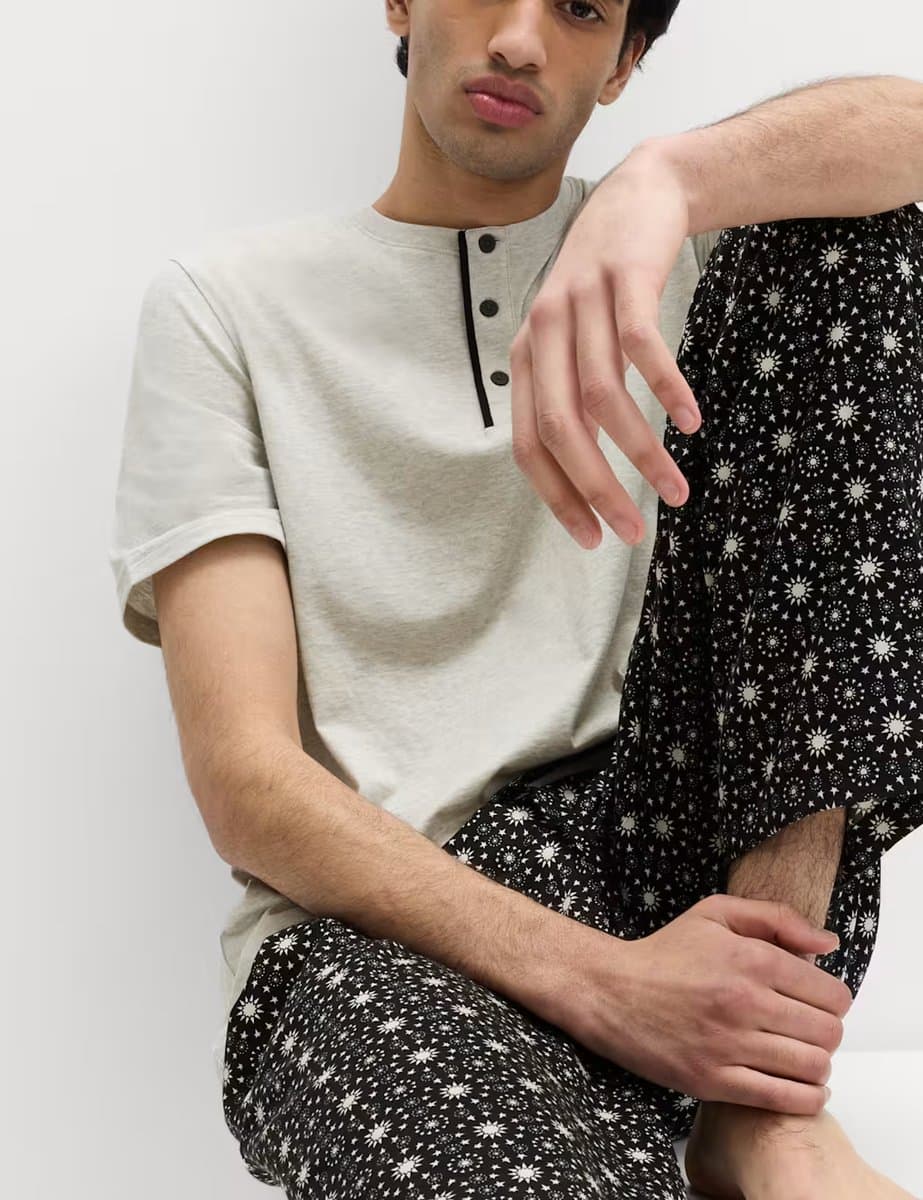 Marks & Spencer M&S Pure Cotton Eid Printed Henley Pyjama Set Black Mix