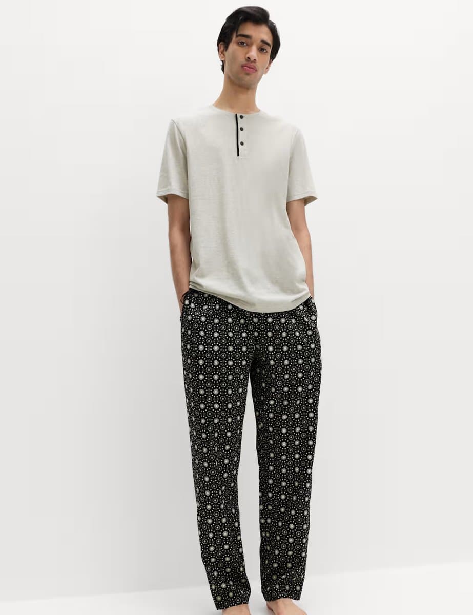 Marks & Spencer M&S Pure Cotton Eid Printed Henley Pyjama Set Black Mix - 2