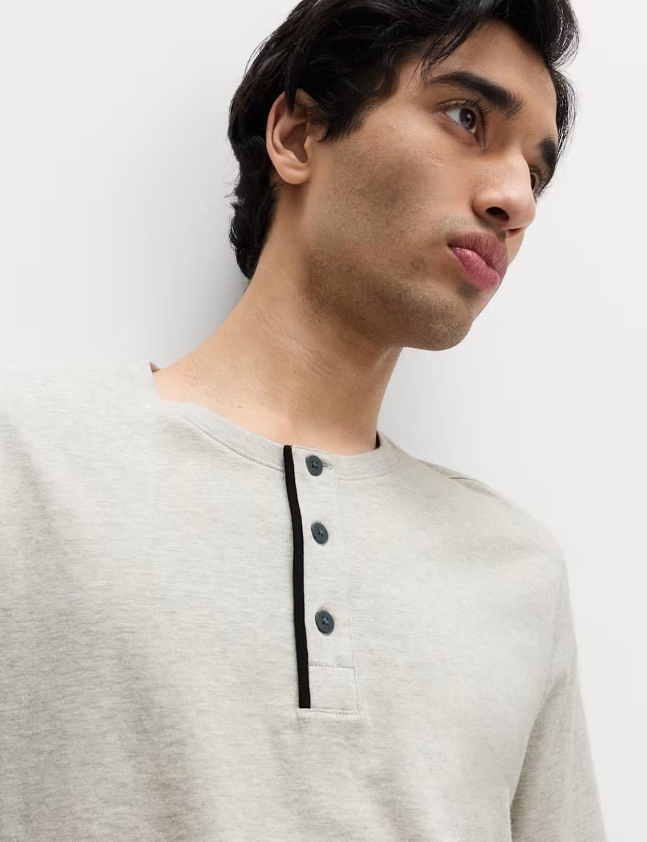 Marks & Spencer M&S Pure Cotton Eid Printed Henley Pyjama Set Black Mix - 3