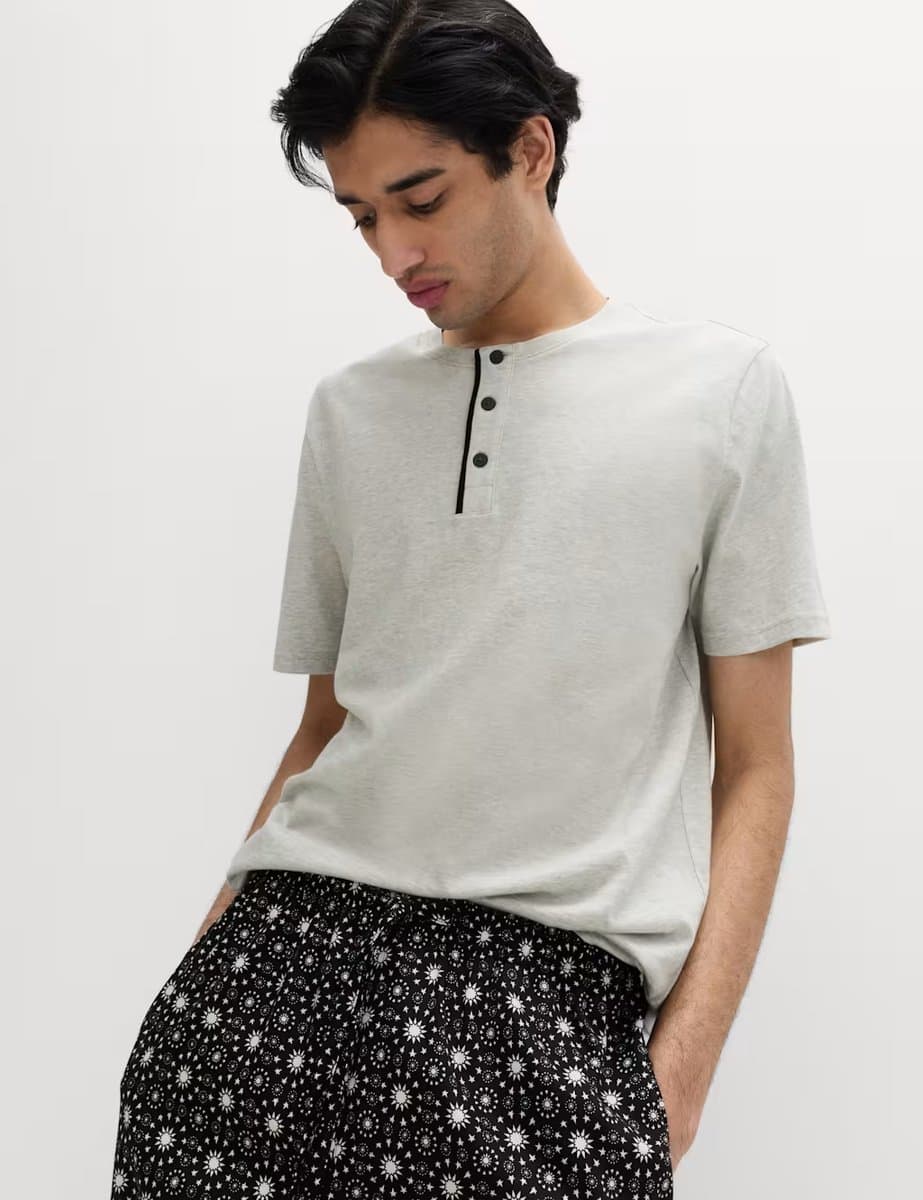 Marks & Spencer M&S Pure Cotton Eid Printed Henley Pyjama Set Black Mix - 5