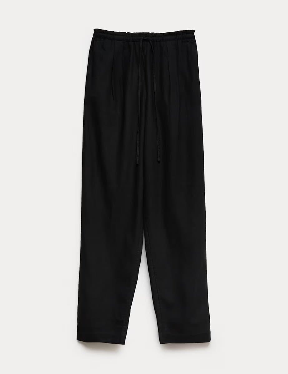 Marks & Spencer M&S Linen Rich Elasticated Waist Tapered Trousers Black - 2