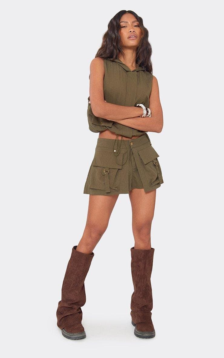 EGO Mid Rise Oversized Pocket Detail Cargo Mini Skort In Khaki Green, Women's Size UK 6 - 2