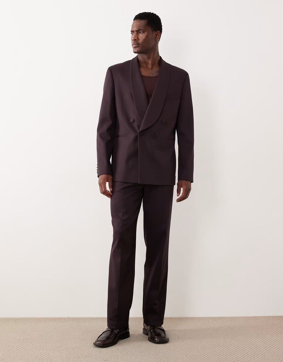 ASOS ASOS DESIGN straight tuxedo trouser in burgundy contrast twill
