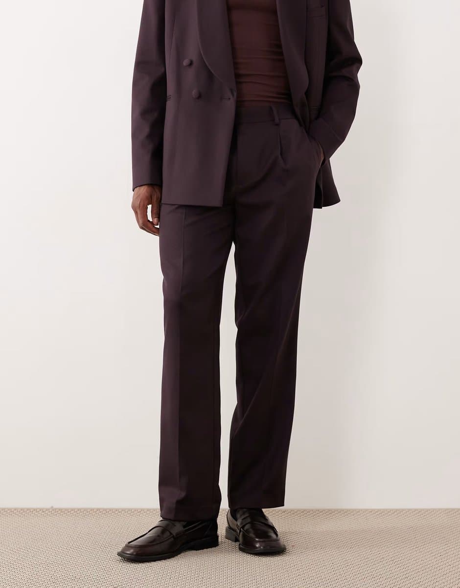 ASOS ASOS DESIGN straight tuxedo trouser in burgundy contrast twill - 3