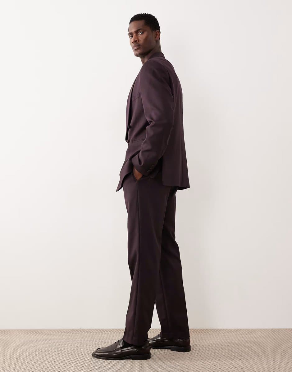 ASOS ASOS DESIGN straight tuxedo trouser in burgundy contrast twill - 4