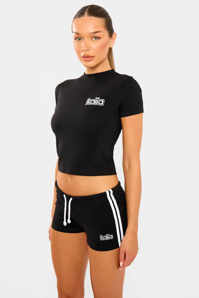 Kaiia Kaiia Logo Stripe Detail Hot Pants Shorts Black & White - 5