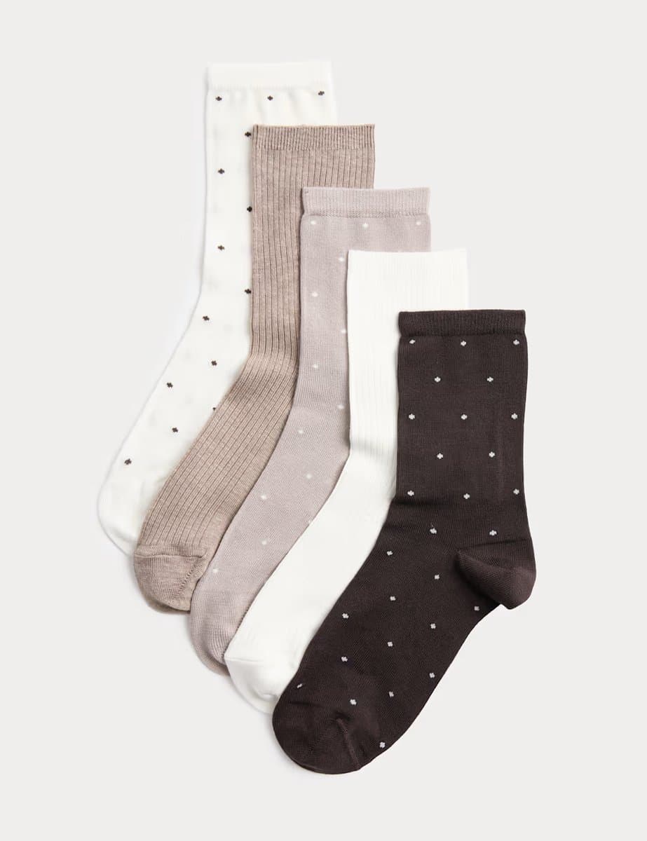 Marks & Spencer M&S 5 Pack Supersoft Spot Crew Socks Chocolate Mix