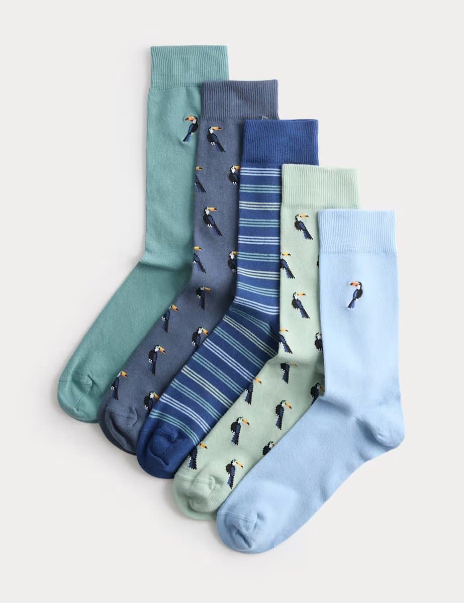 Marks & Spencer M&S 5 Pack Cool & Fresh™ Toucan Cotton Rich Socks Green Mix