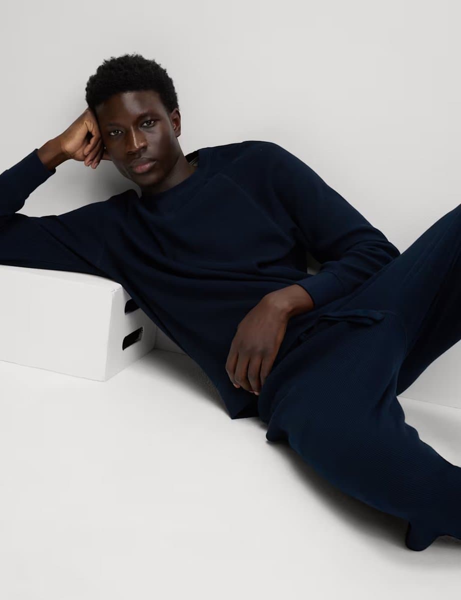 Marks & Spencer M&S Pure Cotton Waffle Loungewear Sweatshirt Navy