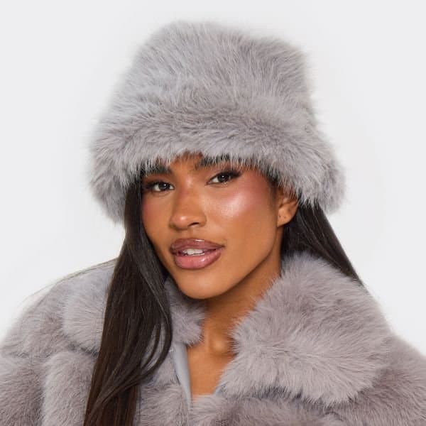 EGO Oversized Chunky Hat In Grey Faux Fur, Women's Size UK One Size