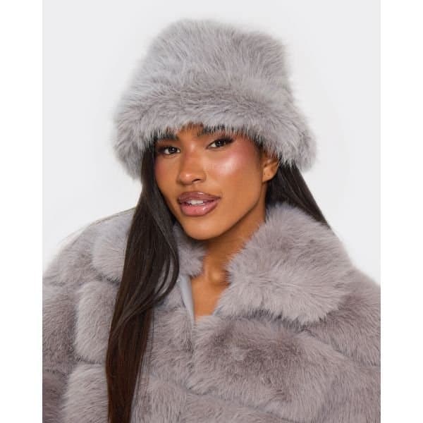EGO Oversized Chunky Hat In Grey Faux Fur, Women's Size UK One Size - 2