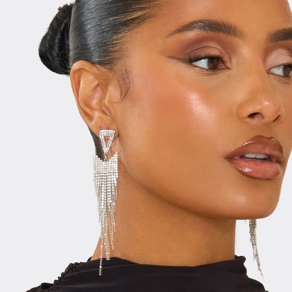 EGO Triangle Detail Diamante Drop Earrings In Silver, Women's Size UK One Size