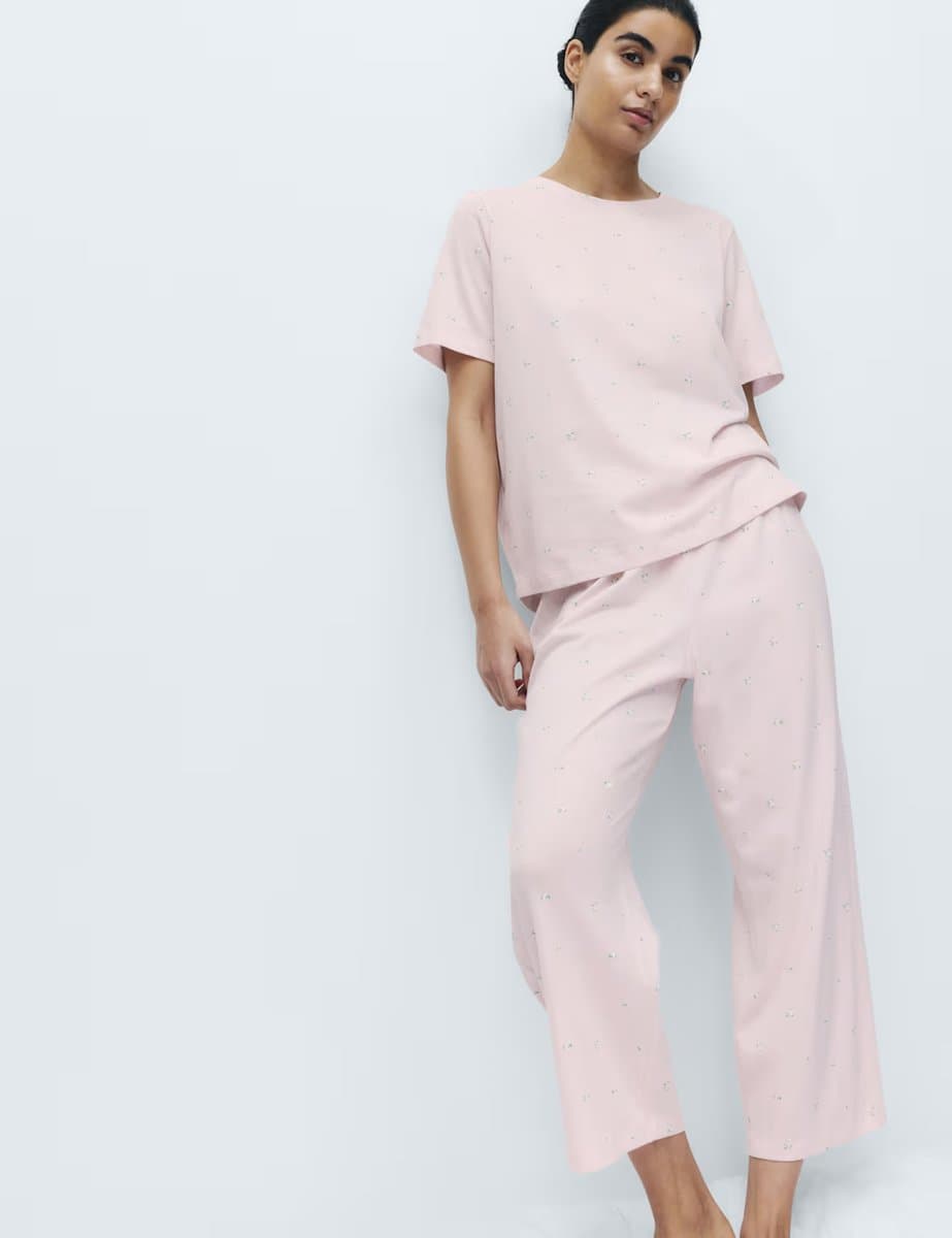 Marks & Spencer M&S Pure Cotton Printed Cropped Pyjama Set Pink Mix