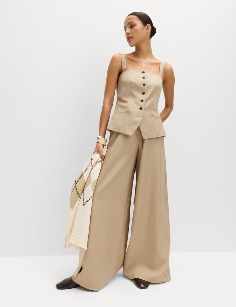 Marks & Spencer M&S Lyocell Rich Square Neck Waistcoat with Linen Sandstone